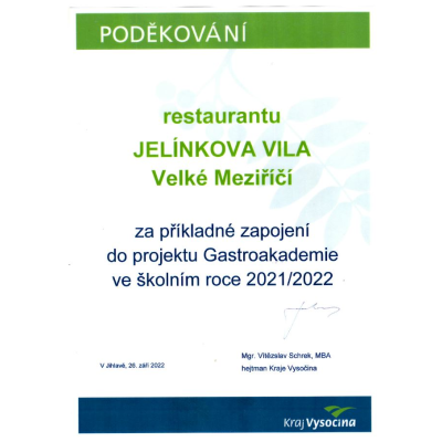 Poděkování za zapojení do projektu Gastroakademie Kraje Vysočina