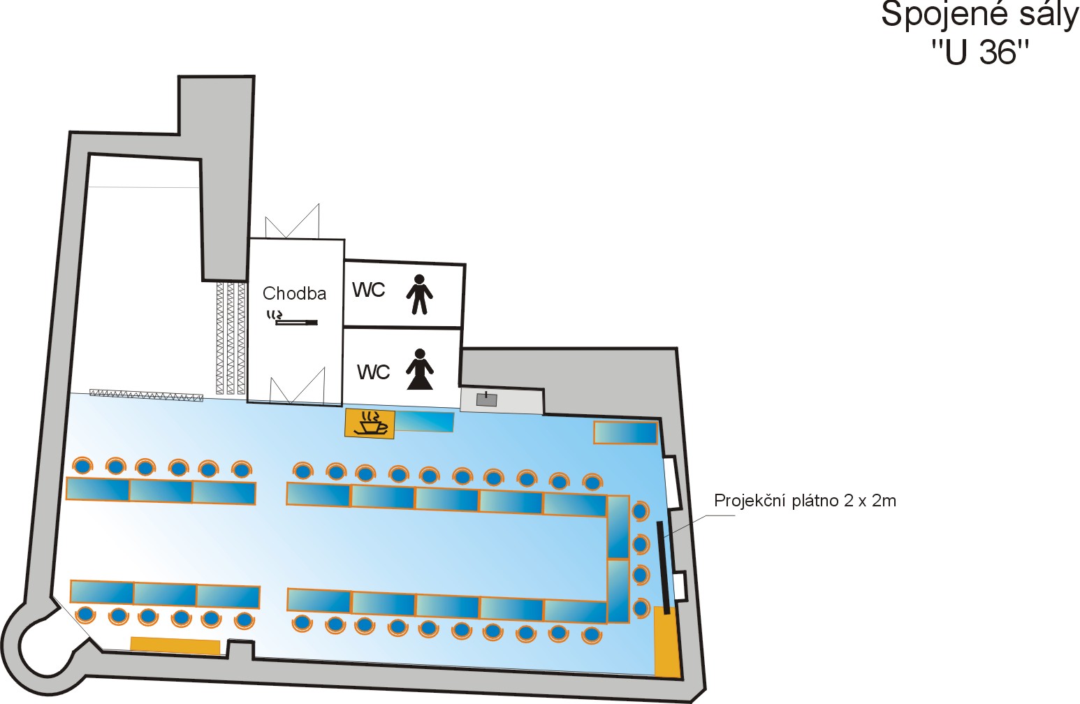 Možné uspořádání spojených sálů školicích prostor v Jelínkově vile - velké "U" s průchodem