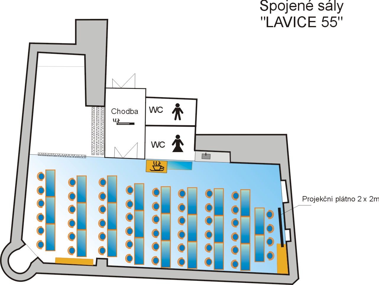 Možné uspořádání spojených sálů školicích prostor v Jelínkově vile - "konference"