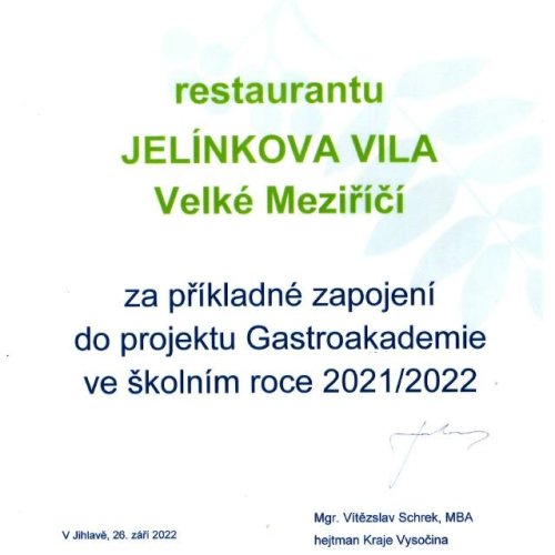 Poděkování za zapojení do projektu Gastroakademie Kraje Vysočina