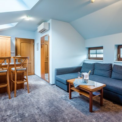 Standardní pokoj hotelu Jelínkova vila - obývací část pokoje se sedačkou, barem i klimatizací