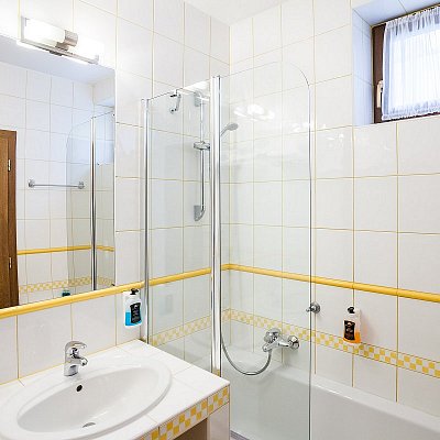 Apartmán hotelu Jelínkova vila - koupelna s vanou i sprchovou částí, umývací stěna