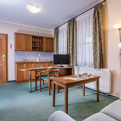 Apartmán hotelu Jelínkova vila - obývací pokoj spojený s kuchyní vč. vybavení