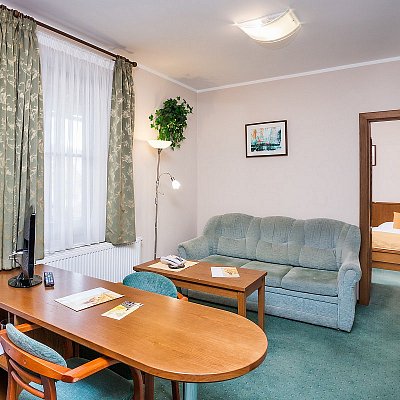 Apartmán hotelu Jelínkova vila - obývací pokoj se sedačkou, barem a konferenčním stolkem
