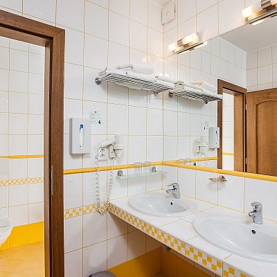 Apartmán hotelu Jelínkova vila - dvojumyvadlo a bohatá výbava koupelny